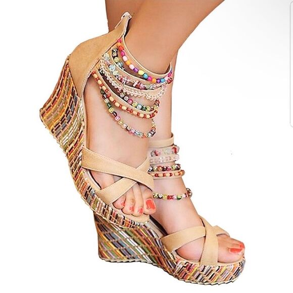 🆕Getmorebeauty Tan Ankle Beaded Strap Detailing Platform Wedge Sandals - Picture 1 of 9